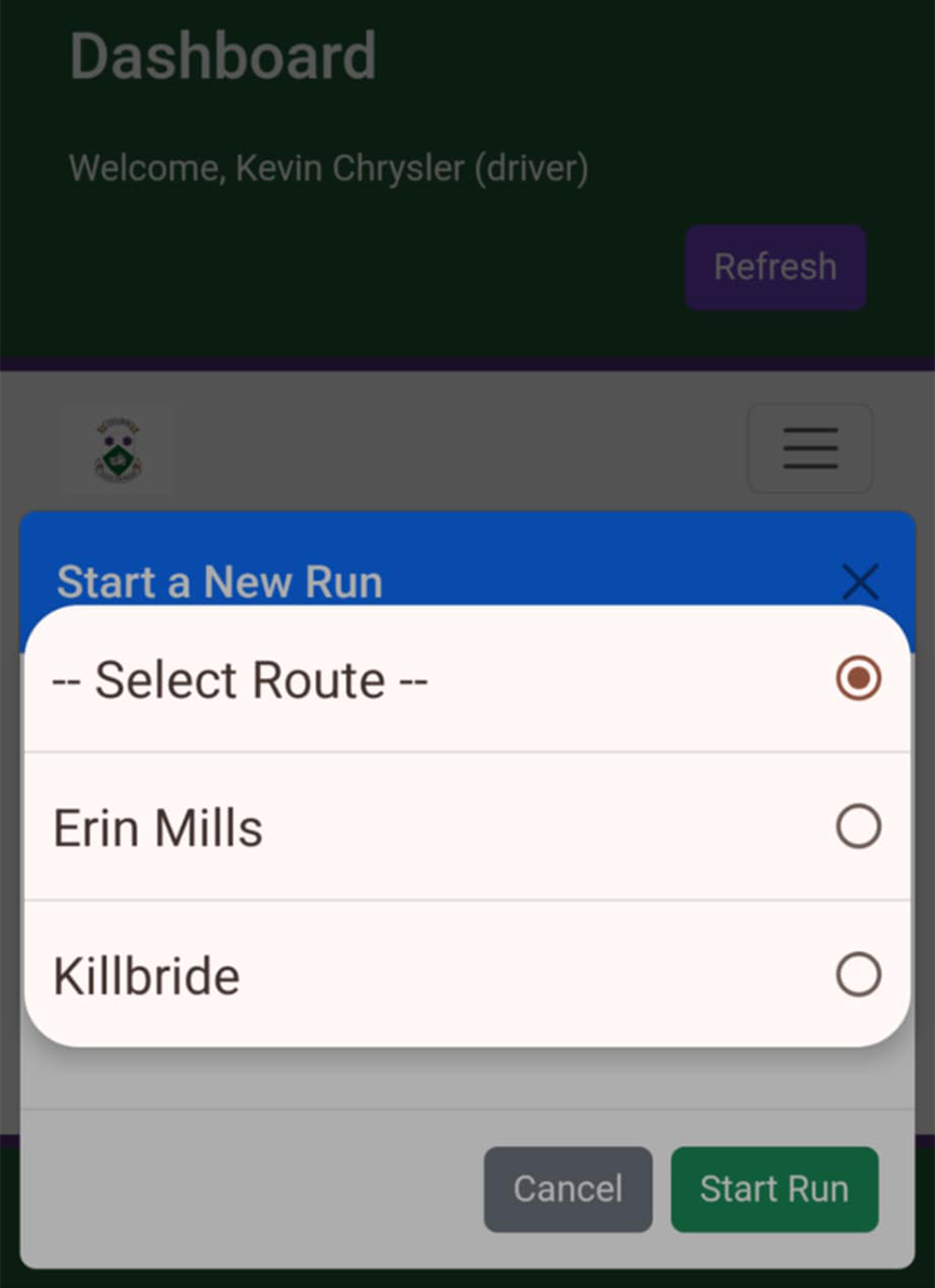 Select Route dropdown showing available routes to choose from